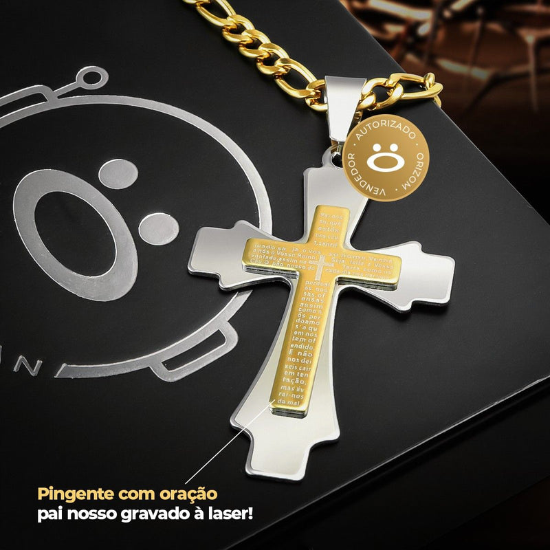 Relógio masculino aço inox + pulseira + cordão crucifixo inoxidável preto casual dourado presente