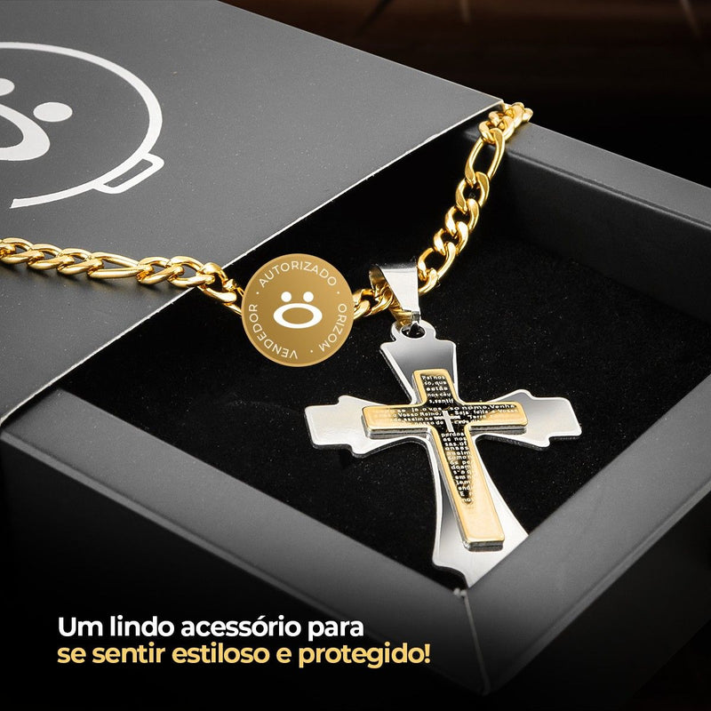 Relógio masculino aço inox + pulseira + cordão crucifixo inoxidável preto casual dourado presente