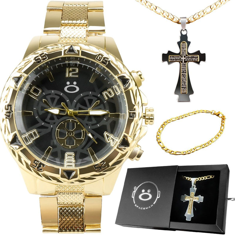 Relógio masculino aço inox + pulseira + cordão crucifixo inoxidável preto casual dourado presente