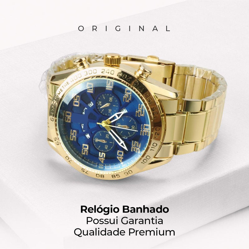 Relógio masculino aço banhado + cordão grosso + pulseira fundo azul qualidade premium casual social