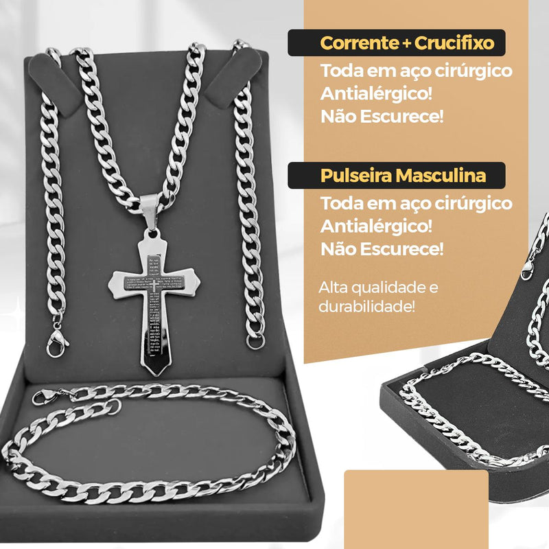 Relógio masculino aço inox + pulseira + cordão prata grumet pai nosso inoxidável crucifixo original